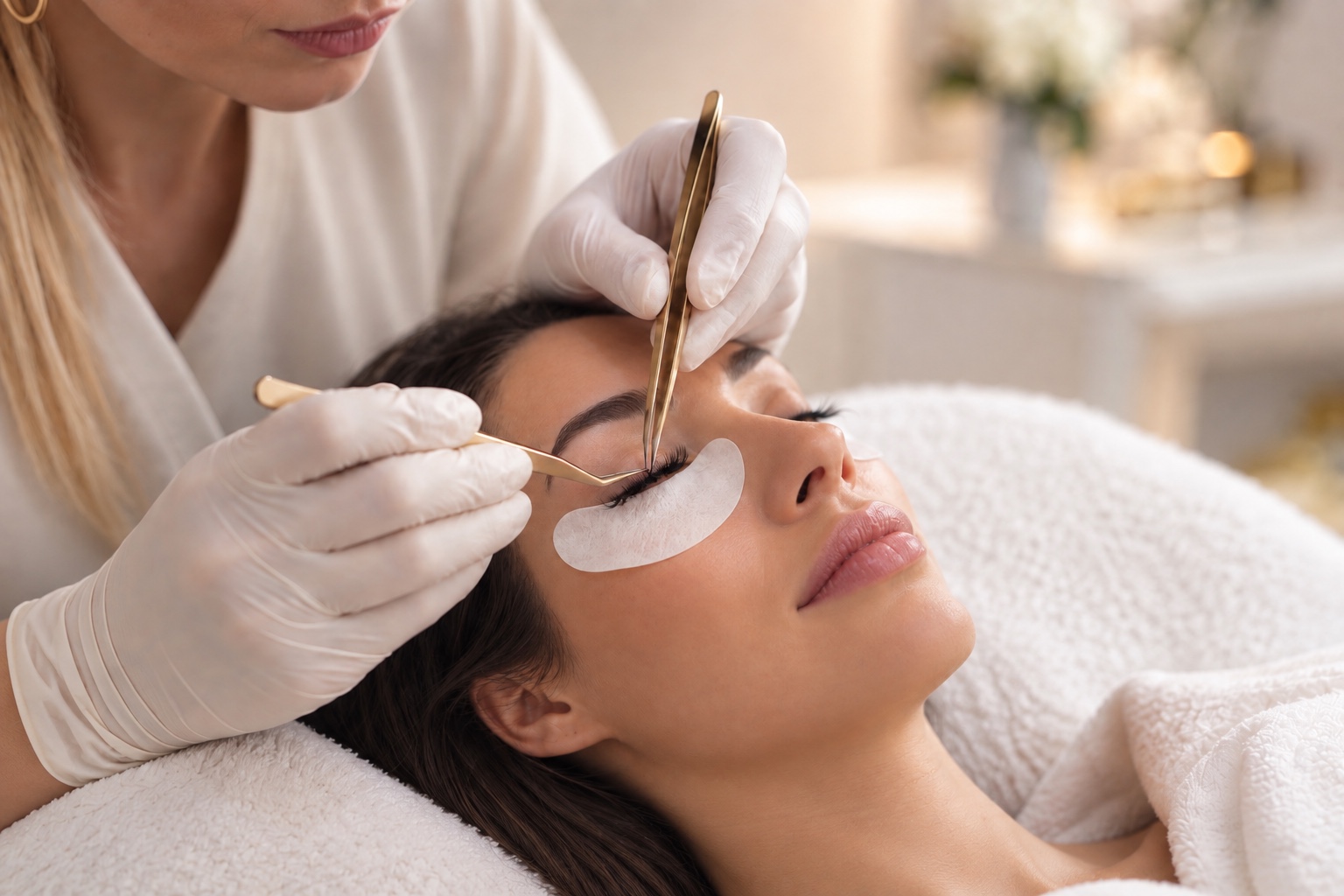 A professional lash extension treatment in a calm beauty studio
